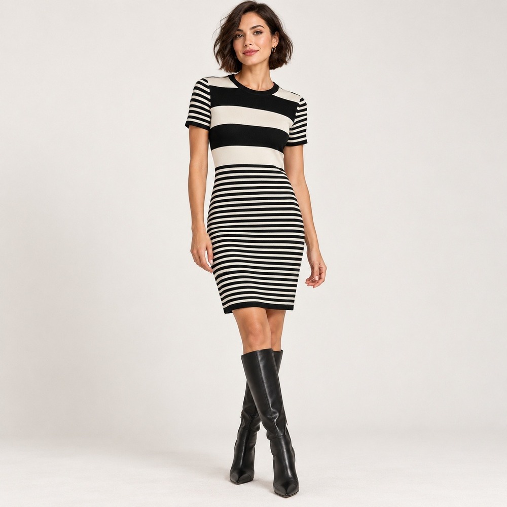 Eliza J Stripe Knit Sheath Dress Pink Zipper Mod Corporate Chic Size 6